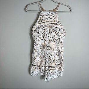 DO+BE Sleeveless Halter Style Shorts Romper-White Lace Layered-Small
